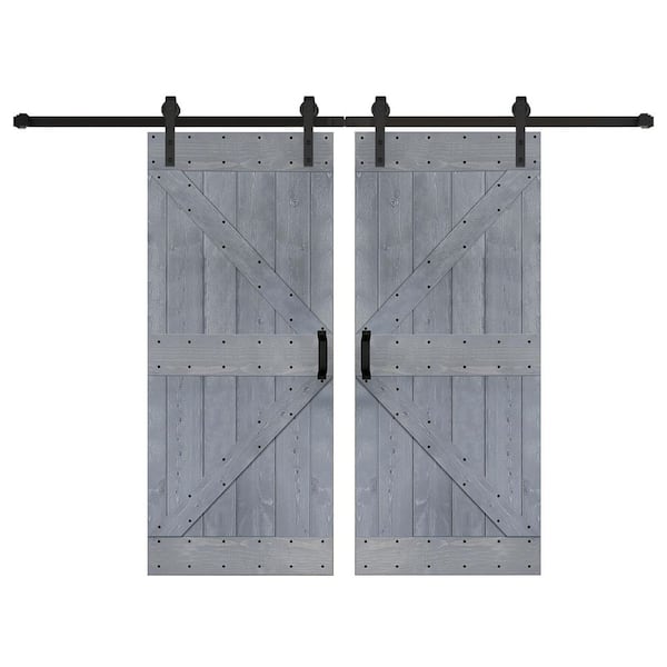 ISLIFE K Series 72 in. x 84 in. Weathered Gray Finished DIY Solid Wood Double Sliding Barn Door with Hardware Kit