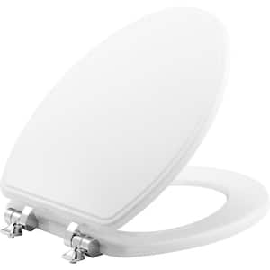 Weston Slow Elongated Closed Front Enameled Wood Front Toilet Seat in White Never Loosens Chrome Metal Hinge