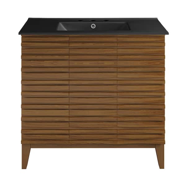 Swiss Madison Cascade 36 in. Bathroom Vanity in Brown Oak with Black, 3-Hole Ceramic Sink Top