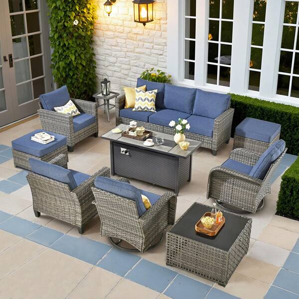 XIZZI Gracia 10 Pieces Wicker Rectangular Fire Pit Sets and Swivel Rocking Chairs with Denim Blue Cushion