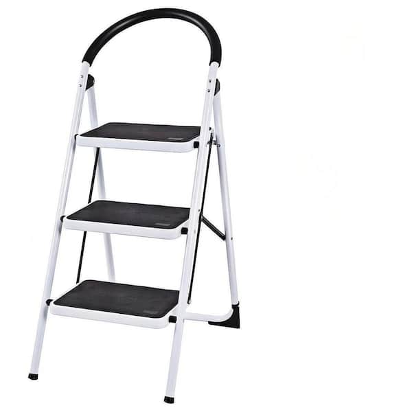 3 Step Ladder Folding Stool Heavy Duty 330 lbs. Capacity Industrial Lightweight, Black, Reach, 29 ft. Steel