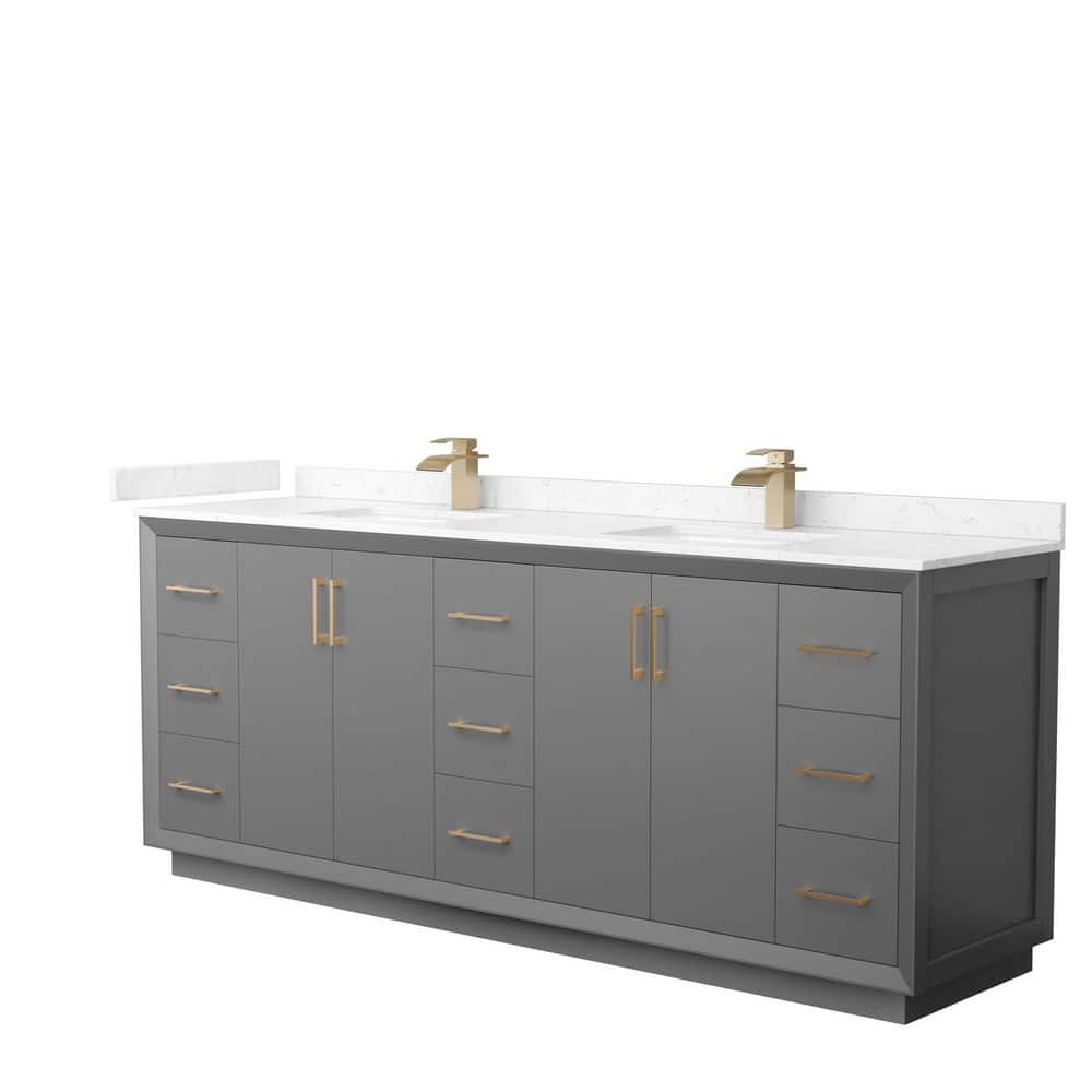 Wyndham Collection Strada 84 in. W x 22 in. D x 35 in. H Double Bath Vanity in Dark Gray with Carrara Cultured Marble Top, Dark Gray with Satin Bronze Trim -  WCF414184DGZC2UNSMXX