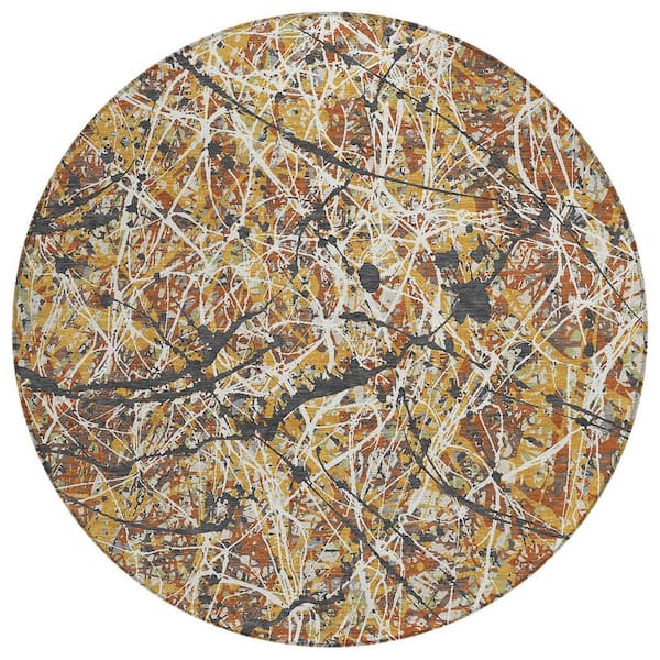 Chantille Machine Washable Indoor/Outdoor Abstract ACN2389 Gold 8 ft. x 8 ft. Round Rug