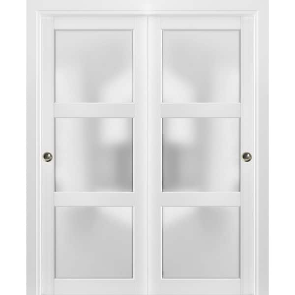 Sartodoors 2552 36 in. x 96 in. 3 Panel White Finished Wood Sliding Door with Bypass Hardware