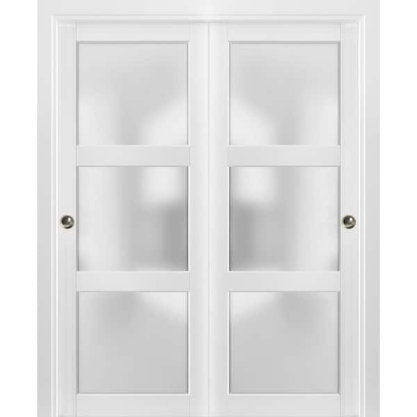 Sartodoors 2552 64 in. x 96 in. 3 Panel White Finished Wood Sliding Door with Bypass Hardware