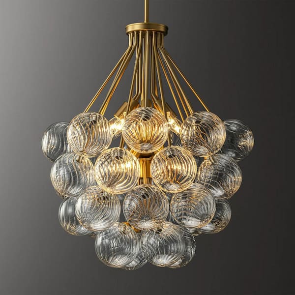 Quinn Contemporary Luxury 12-Light Brushed Gold Grape Cluster Shape Chandelier with 28 Swivel Glass Bubbles