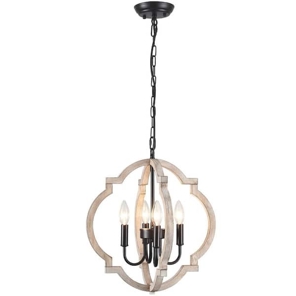 LWYTJO 4-Light 16.33 in. Black Wooden Lantern Rustic Chandeliers for Dining Room Kitchen with No Bulbs Included