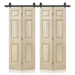 48 in. x 84 in. Vintage Cream Stain 6-Panel MDF Hollow Core Composite Double Bi-Fold Barn Doors Sliding Hardware Kit
