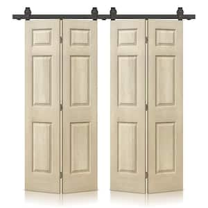 60 in. x 84 in. Vintage Cream Stain 6-Panel MDF Hollow Core Composite Double Bi-Fold Barn Doors Sliding Hardware Kit