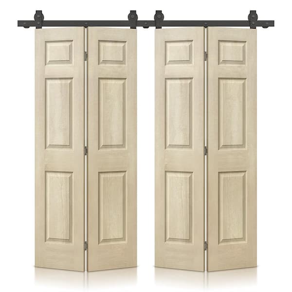 CALHOME 72 in. x 84 in. Hollow Core Vintage Cream Stain 6 Panel MDF Double Bi-Fold Barn Door with Sliding Hardware Kit