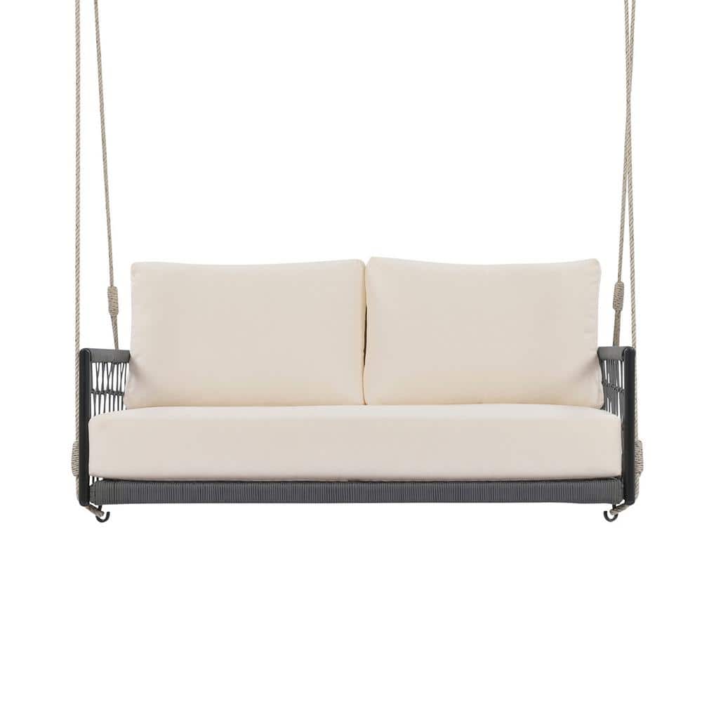Black 2-Person Wicker Woven Rope Outdoor Porch Swing Sofa with Soft Beige C