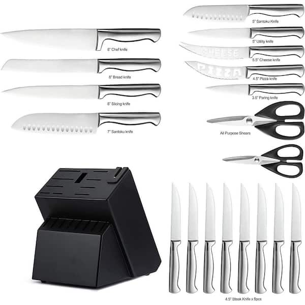 20-Piece Stainless Steel Knife Sets, Silver Titanium German Kitchen Knife Block Sets with Built-in Sharpener