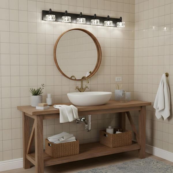 43.9 in. 6-Light Black LED Elegant Bathroom Vanity Light with Crystal Shades and Dimmable 6000 K Light