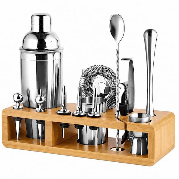 Numhew 23-Piece 24 oz. Silver Stainless Steel Cocktail Shaker Set with Bamboo Stand, Drink Shaker, Mixer Spoon and Muddler B2B8N4X8