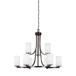 Hettinger 9-Light Bronze Chandelier with Etched White Glass Shades and LED Light Bulbs