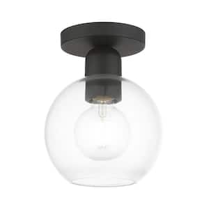 Downtown 6.5 in. 1-Light Black Semi-Flush Mount with Clear Sphere Glass