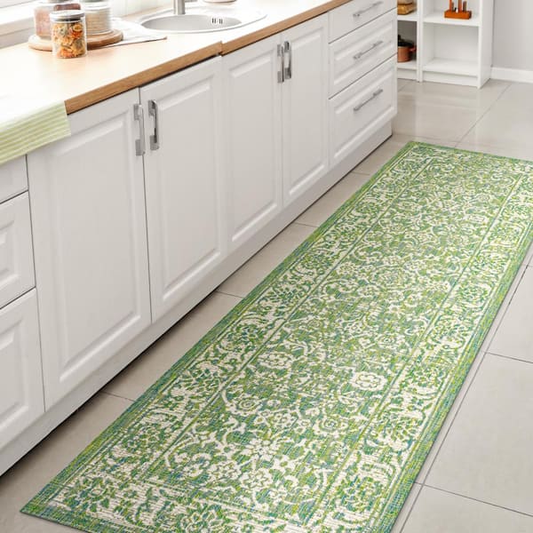 Cream/Green 2 ft. x 8 ft. Tela Bohemian Textured Weave Floral Indoor/Outdoor Runner Rug