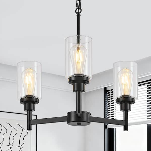 3-Light Modern Farmhouse Black Chandelier with Clear Glass Shade for Kitchen Island Dining Room