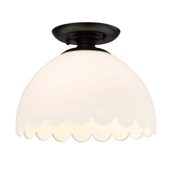 Golden Lighting - Dorinda 12.25 in. 1-Light Matte Black and Opal Semi-Flush Mount