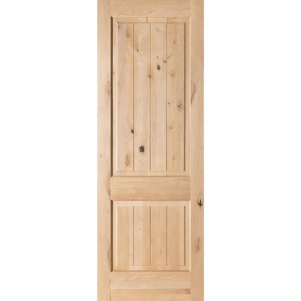36 in. x 96 in. Knotty Alder 2 Panel Square Top with V-Groove Solid Wood Core Interior Door Slab
