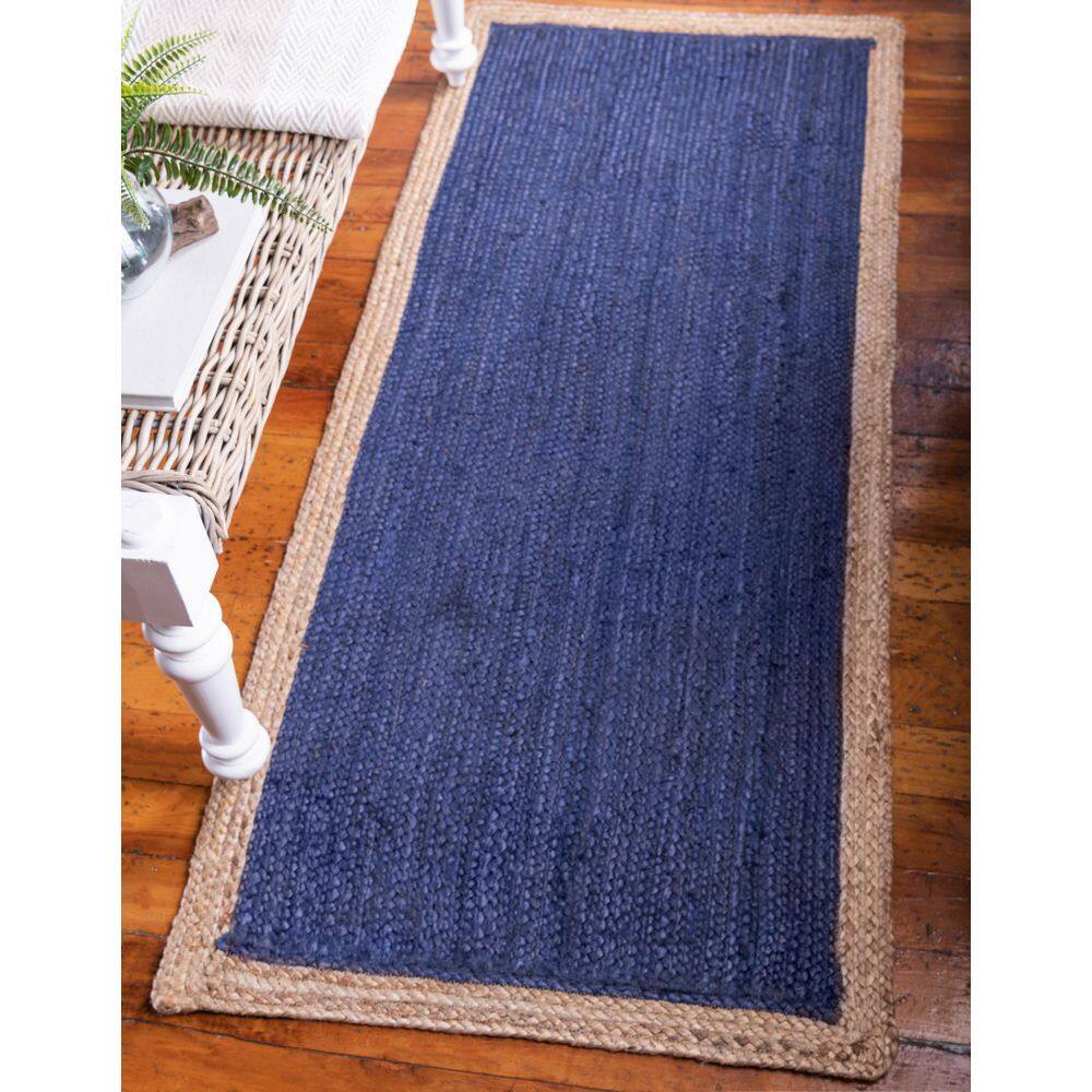 Navy Blue and Tan Braided Jute Runner Rug