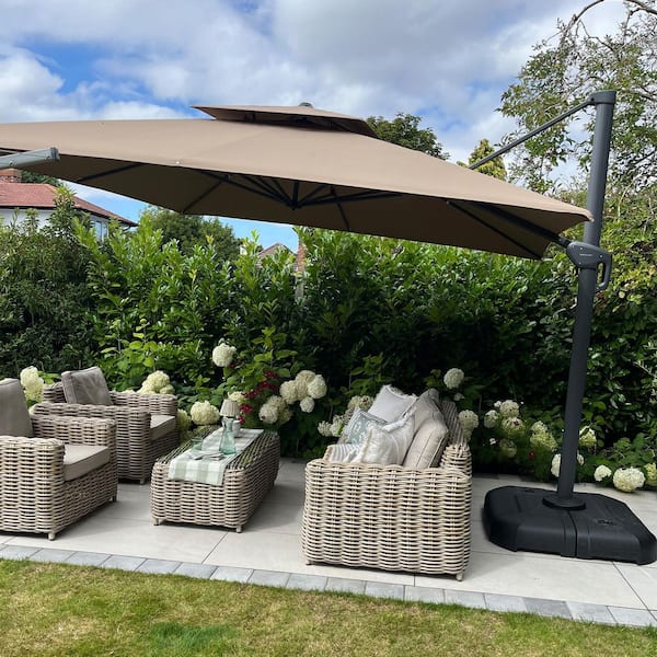 12 ft. Square 2-Tier Windproof Aluminum Large Cantilever Offset 360° Rotation Patio Umbrella with Base, Taupe