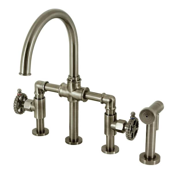 Kingston Brass Fuller Double-Handle Deck Mount Gooseneck Bridge Kitchen Faucet with Brass Sprayer in Stainless Black