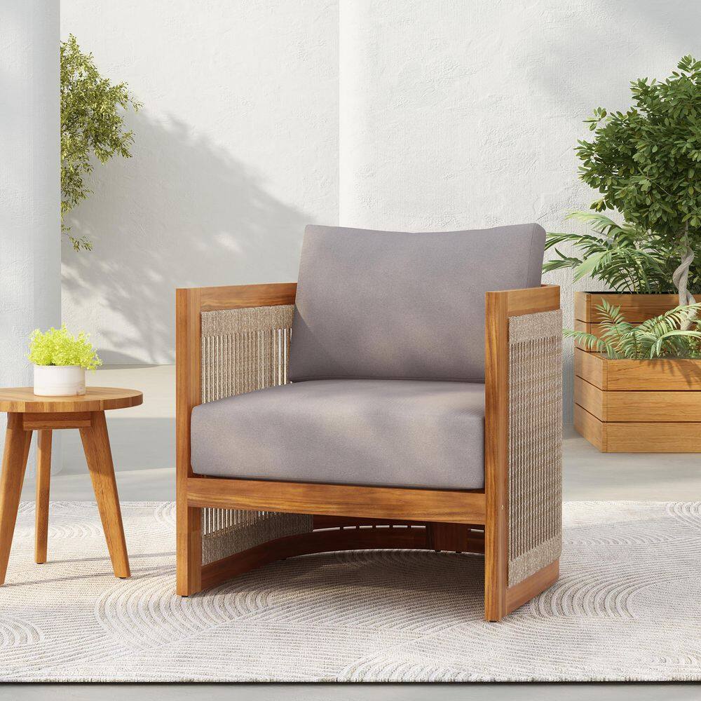 Aidan Modern Boho Patio Solid Wood and Woven Rope Outdoor Lounge Chair with Grey Cushion, Teak Finish