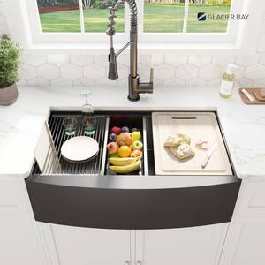 33 in. Gunmetal Black Stainless Steel Single Bowl Farmhouse Workstation Kitchen Sink with Black Spring Neck Faucet