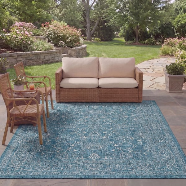 Courtyard Turquoise 8 ft. x 11 ft. Border Indoor/Outdoor Patio  Area Rug