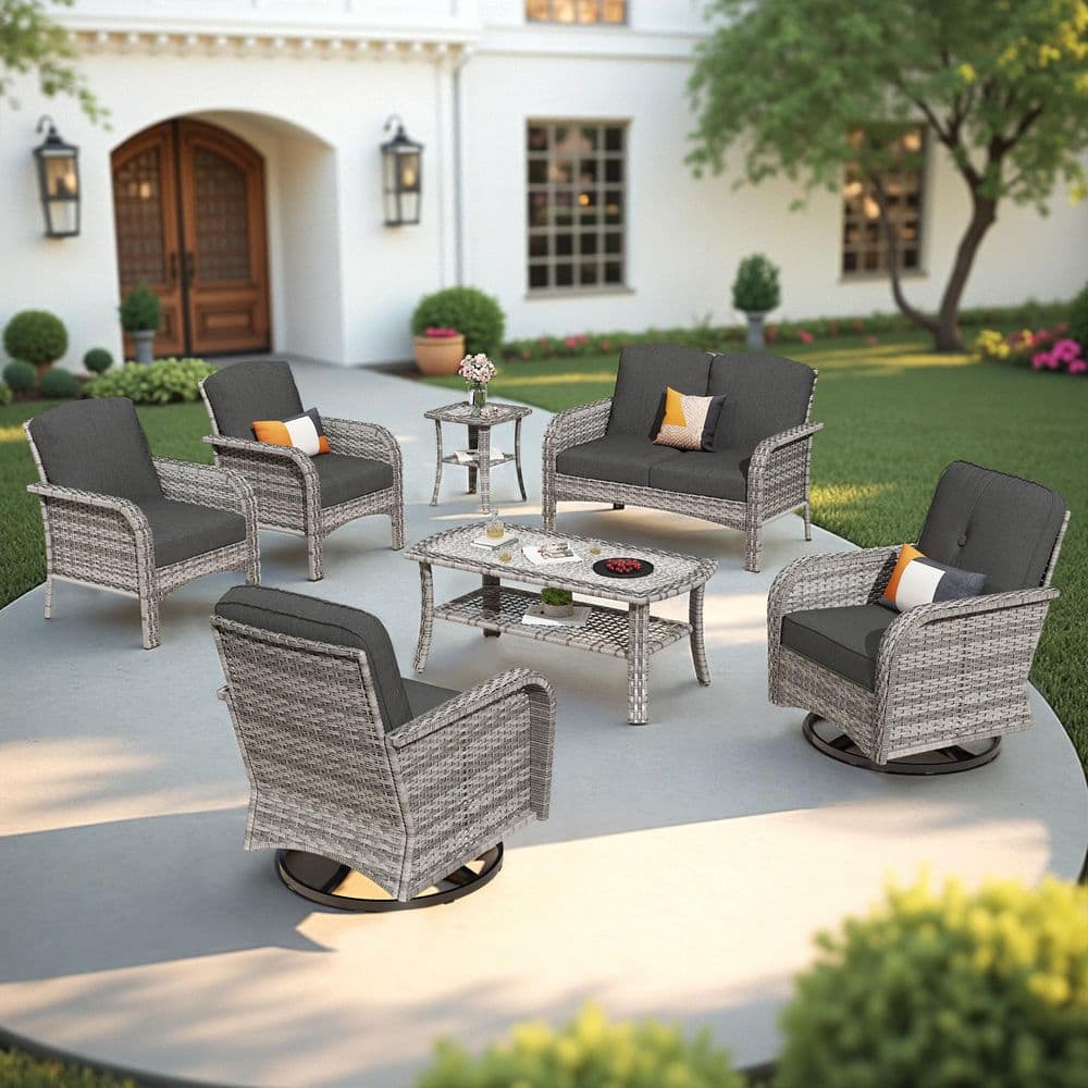 Meiss Gray 7-Piece Wicker Patio Conversation Set with Black Cushions and Swivel Chairs price history on PriceWatchPro