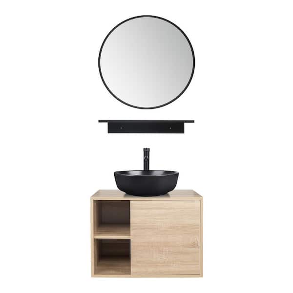 24 in. W x 19 in. D x 17 in. H Single Sink Burlywood Bath Vanity with Black Round Solid Surface Top Sink and Mirror