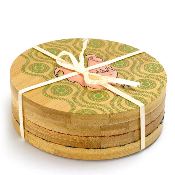 Urban Market Bamboo Coaster with Farm Animals and Decorative Pattern