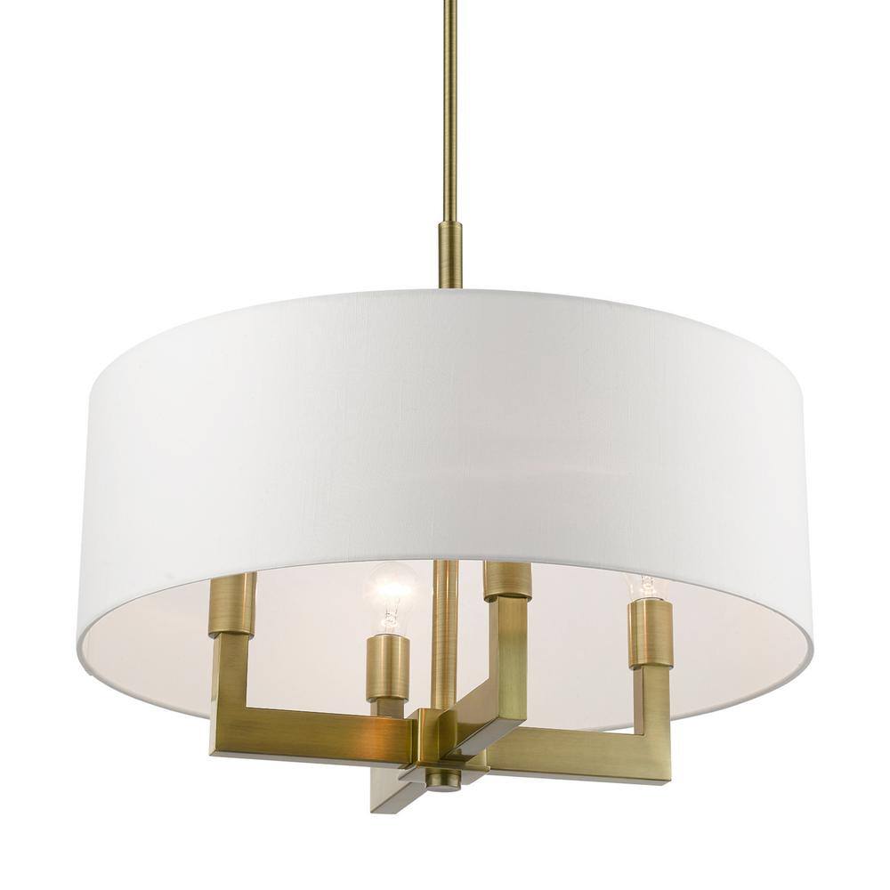 Antique Brass Cresthaven 4-Light Chandelier with Off-White Shade