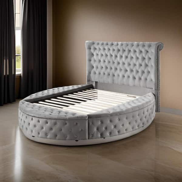 Benjara Modern Gray Wood Frame King Size Platform Bed with Button Tufted Bedside Bench with Storage