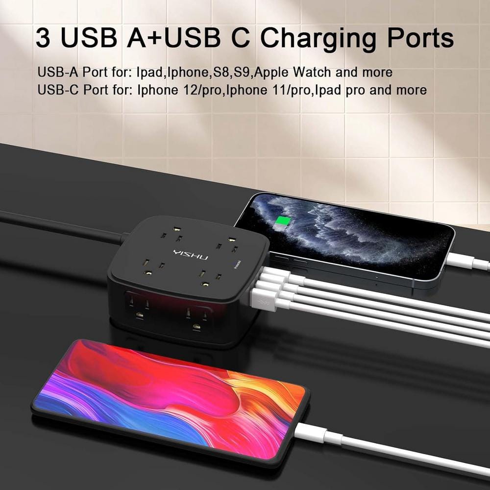 Black 6 Ft Fire Resistant Power Strip with USB Ports