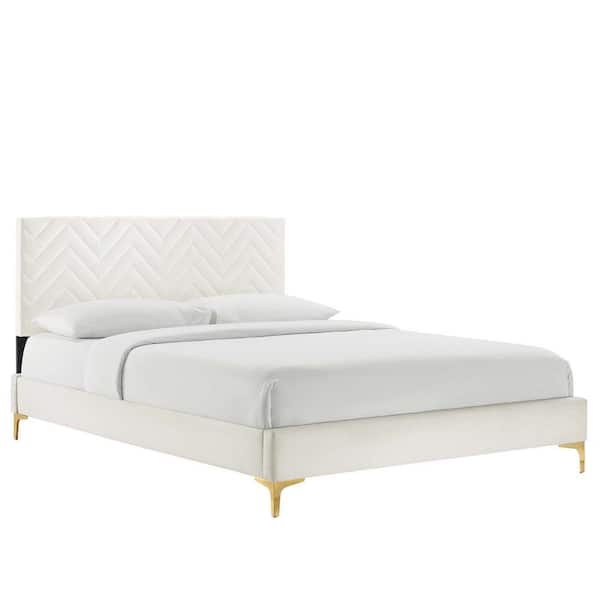 MODWAY Leah Chevron Tufted White Performance Velvet Frame Queen Platform Bed with Reinforced Center Beam