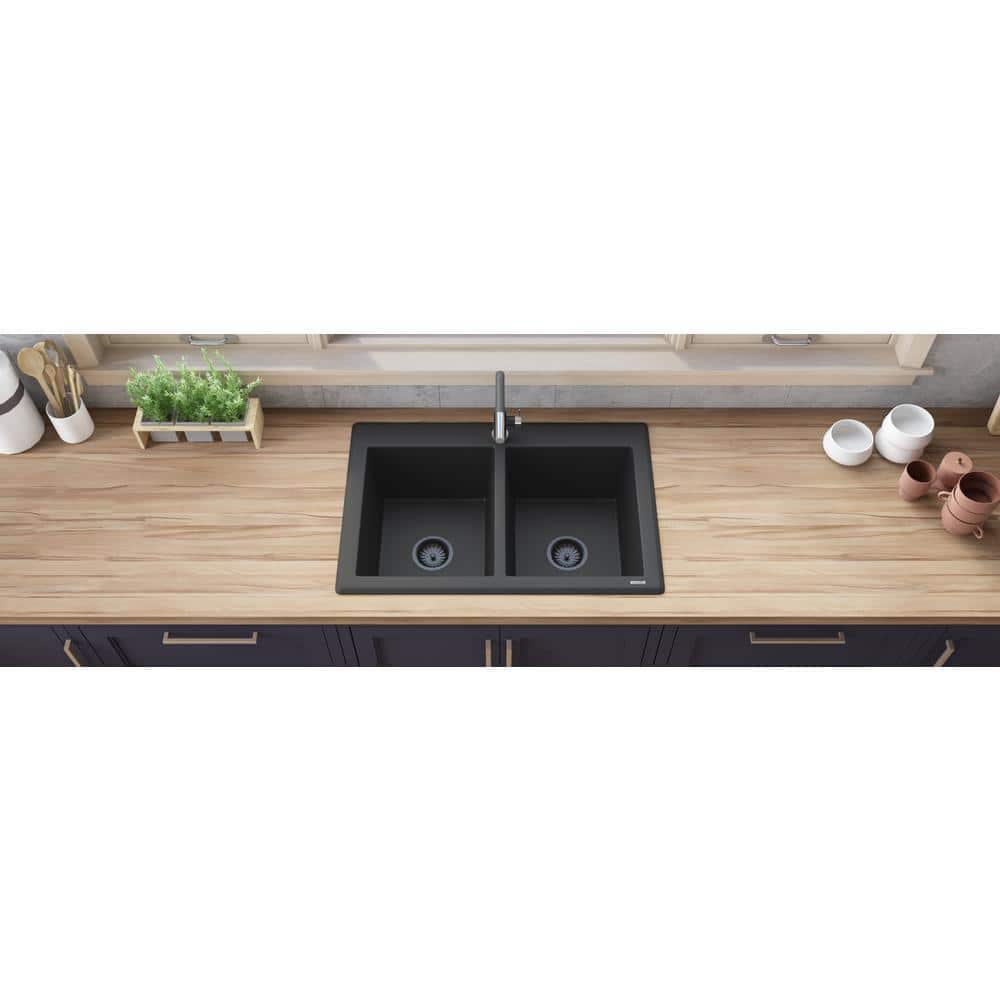 Midnight Black Granite Composite Double Bowl Drop-In Sink