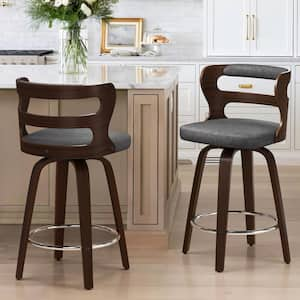 Arabela 26 in. Gray Solid Wood Swivel Bar Stool Faux Leather Kitchen Counter Stool with Walnut Frame Set of 2