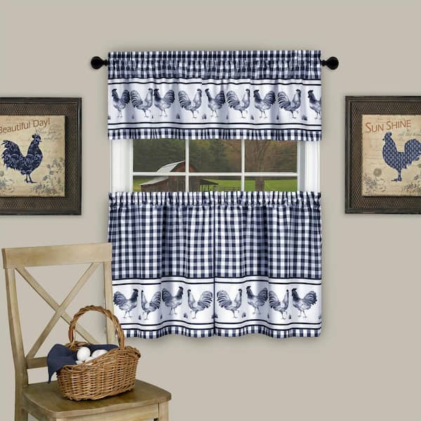 ACHIM Barnyard Navy Polyester Light Filtering Rod Pocket Tier and Valance Curtain Set 58 in. W x 24 in. L