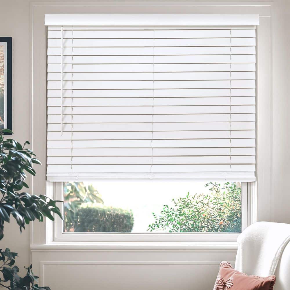 White Cordless Faux Wood Venetian Blinds, 66"W x 36"H