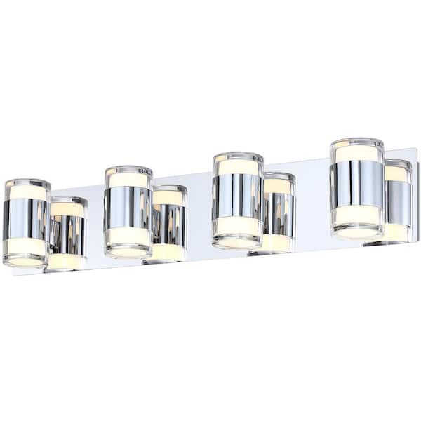 pasentel 24.5 in. 4-Light Chrome Modern Integrated LED Vanity Light Bar for Bathroom with Acrylic Shades