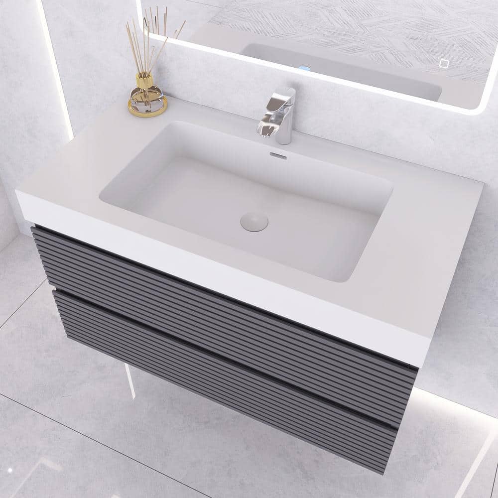 36" Gray Plywood Floating Vanity with White Acrylic Top