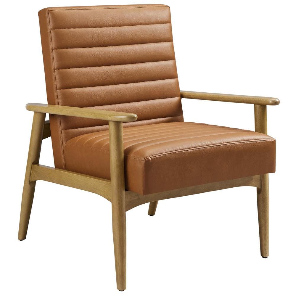 French Oak Tan Faux Leather Barrel Accent Chair with Wood Frame