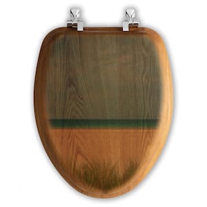 White Sandy Beach Elongated Closed Front Toilet Seat in Oak Brown
