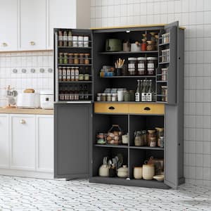 Gray Wood Pantry Organizer, Large Cupboard Storage Cabinet with 2-Drawers, 2-Adjustable Shelves, 8-Door Shelves