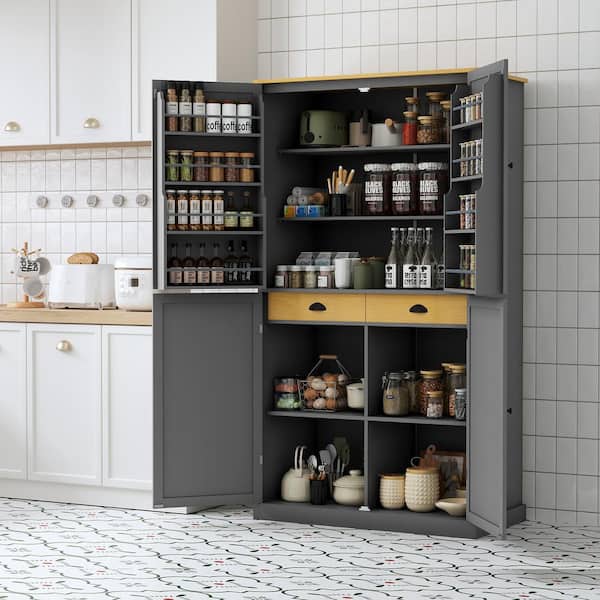 Gray Wood Pantry Organizer, Large Cupboard Storage Cabinet with 2-Drawers, 2-Adjustable Shelves, 8-Door Shelves