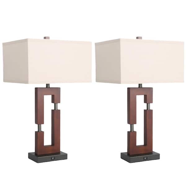 Uixe 25.8 in. Black Metal and Reddish-Brown Wood Base USB Table Lamp Set with Off-White Fabric Shade and Cable (Set of 2)