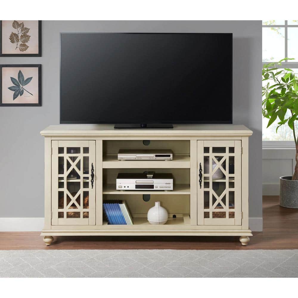Parisian Antique White 63" Pine & Glass Elegant TV Stand with Cabinet