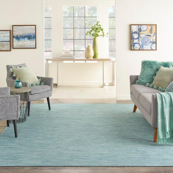 Positano Aqua 9 ft. x 12 ft. Solid Contemporary Indoor/Outdoor Patio Area Rug